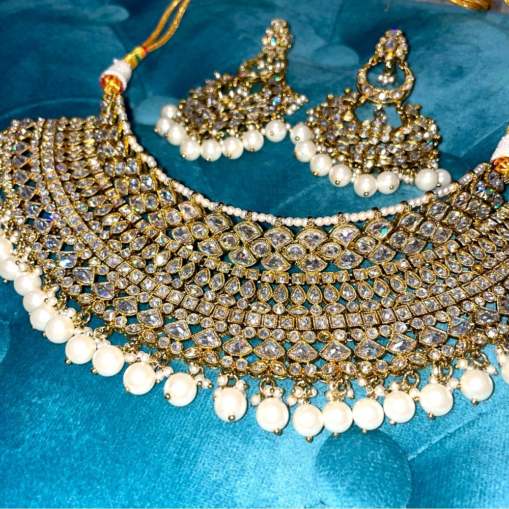 Indian Pakistani Desi bridal POLKI necklace and earrings set - antique gold